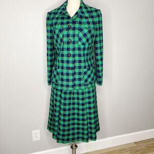 Vintage Towncliffe Tweed Plaid Skirt Blazer Jacket Suit Set Green Blue